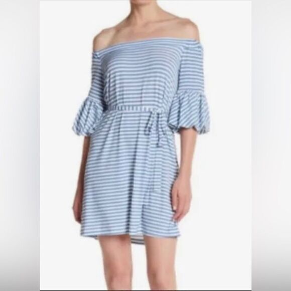 Donna Morgan Puffy Sleeve Baby Blue and White Striped Dress Size Small - Picture 1 of 5